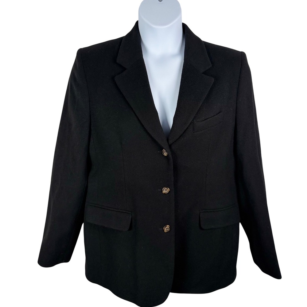 LL Bean Womens Black Wool Cashmere Blend Blazer Jacket 16 Vtg USA Work Luxury